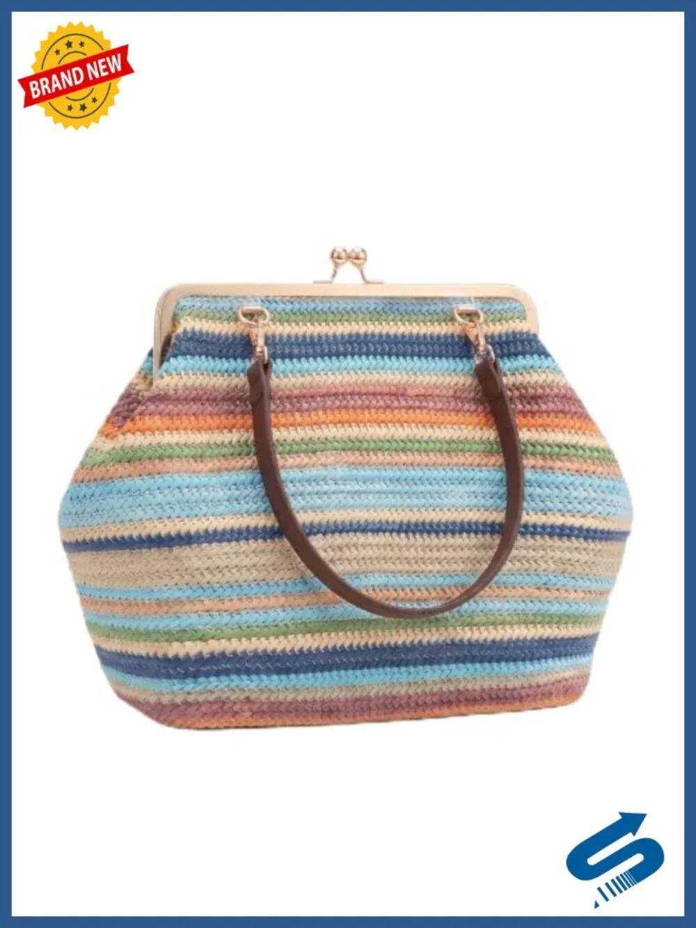 Woven Kiss-Lock Purse Retro Top Handle Satchel Handbag for Women